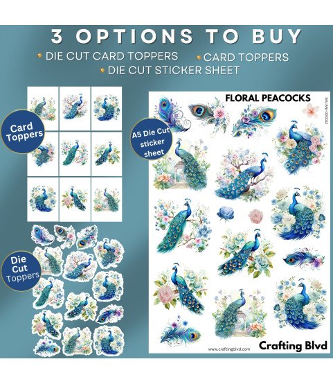 Floral Peacocks Stickers, Die Cut or Card Toppers