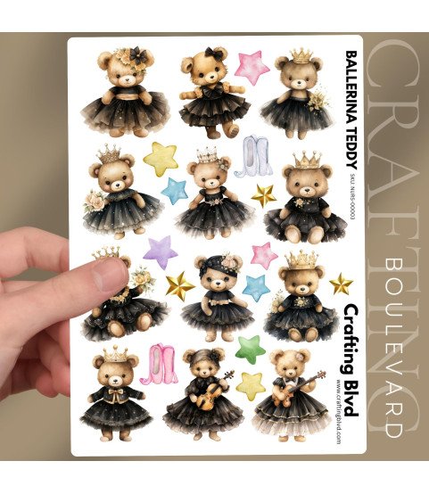 Ballerina Teddy Stickers, Die Cut or Card Toppers