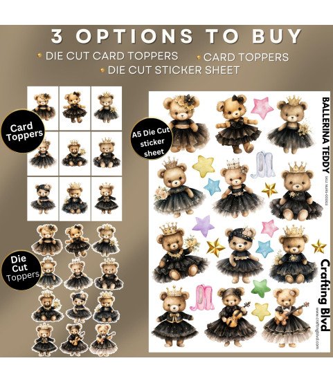 Ballerina Teddy Stickers, Die Cut or Card Toppers