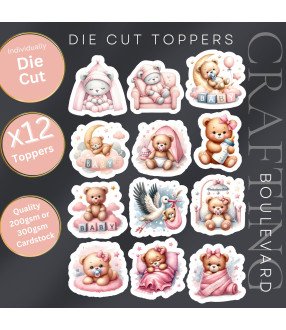 Pink Sleeping Teddy Bear #1 Stickers, Die Cut or Card Toppers