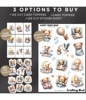 Blue Sleeping Teddy Bear #1 Stickers, Die Cut or Card Toppers