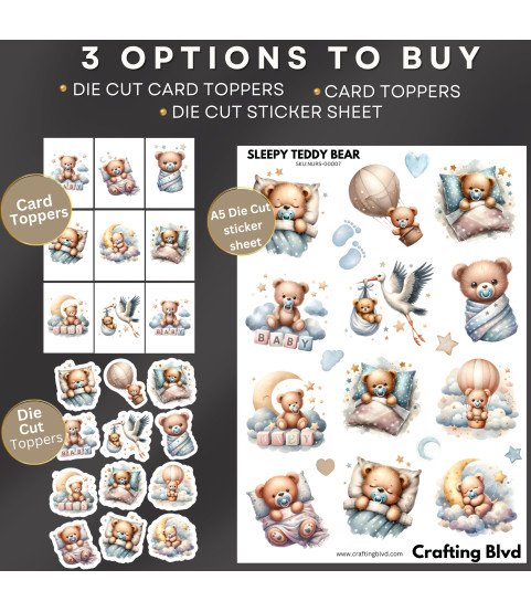 Blue Sleeping Teddy Bear #1 Stickers, Die Cut or Card Toppers