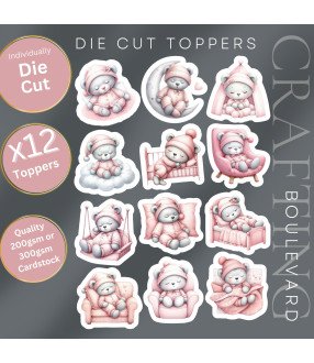 Pink Sleeping Teddy Bear #2 Stickers, Die Cut or Card Toppers