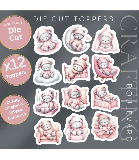 Pink Sleeping Teddy Bear #2 Stickers, Die Cut or Card Toppers