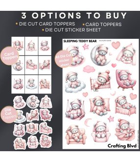 Pink Sleeping Teddy Bear #2 Stickers, Die Cut or Card Toppers