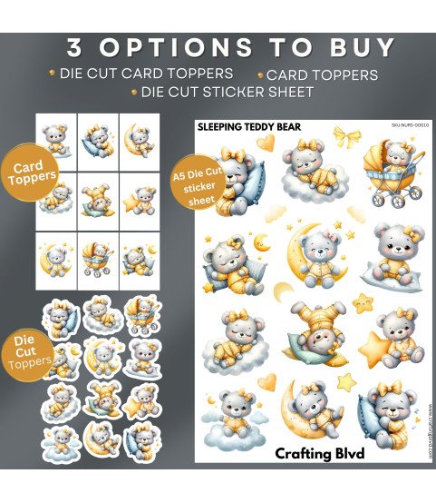 Sleeping Teddy Bear Stickers, Die Cut or Card Toppers