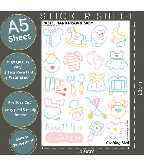 Pastel Hand Drawn Baby Stickers, Die Cut or Card Toppers