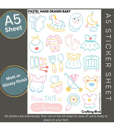 Pastel Hand Drawn Baby Stickers, Die Cut or Card Toppers