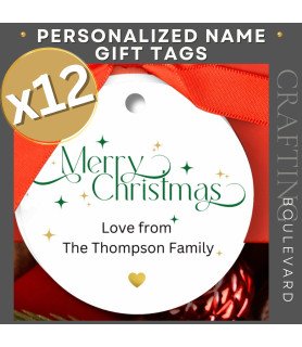 Green & Gold Personalised Merry Christmas Round Gift Tags