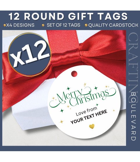Green & Gold Personalised Merry Christmas Round Gift Tags