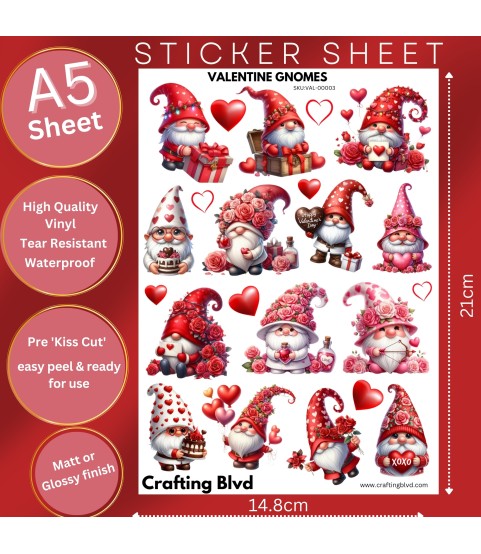 VALENTINE GNOME LOVE HEART STICKERS | DIE CUT | CARD TOPPERS | VAL-00003