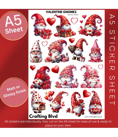 VALENTINE GNOME LOVE HEART STICKERS A5 SHEET |VAL-00003