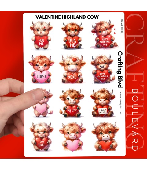 VALENTINE HIGHLAND COW HEART STICKERS A5 SHEET