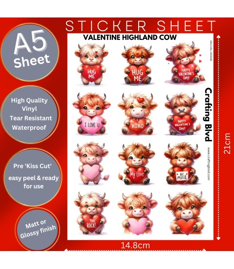 VALENTINE HIGHLAND COW HEART STICKERS A5 SHEET