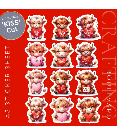 VALENTINE HIGHLAND COW HEART STICKERS A5 SHEET