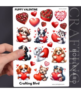 CUTE PUPPY VALENTINE HEART STICKERS A5 SHEET