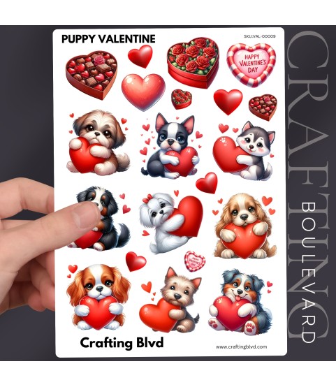 CUTE PUPPY VALENTINE HEART STICKERS A5 SHEET