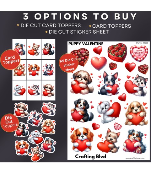 CUTE PUPPY VALENTINE HEART STICKERS | DIE CUT | CARD TOPPERS