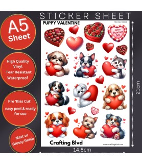 CUTE PUPPY VALENTINE HEART STICKERS A5 SHEET