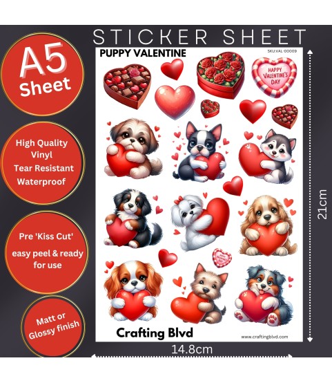 CUTE PUPPY VALENTINE HEART STICKERS A5 SHEET
