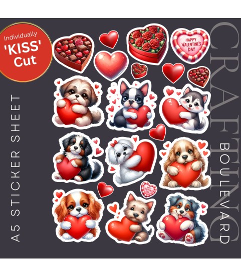 CUTE PUPPY VALENTINE HEART STICKERS A5 SHEET