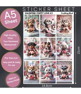 VALENTINE PUPPY #3 LOVE HEART STICKERS A5 SHEET
