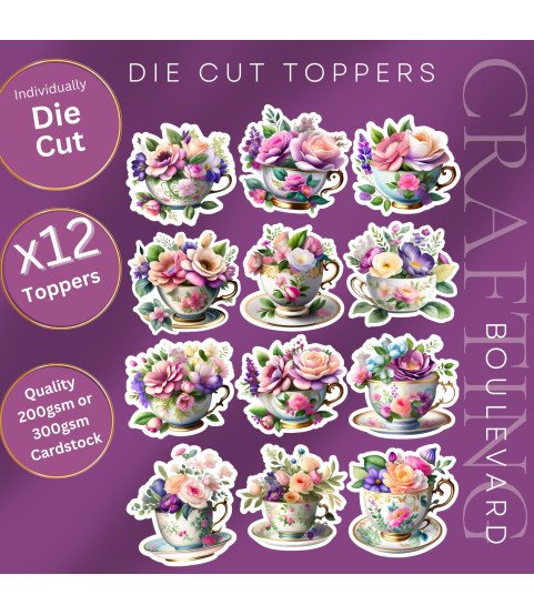Floral Tea Cups Stickers, Die Cut or Card Toppers