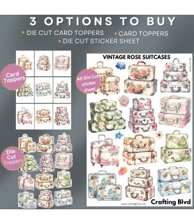 Vintage Rose Suitcases Stickers, Die Cut or Card Toppers