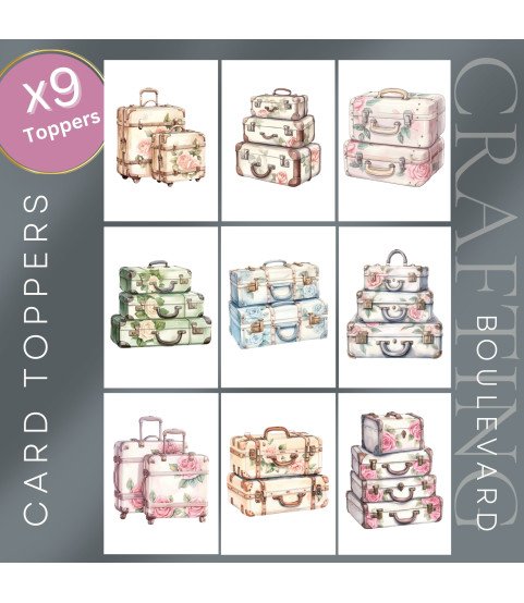 Vintage Rose Suitcases Stickers, Die Cut or Card Toppers