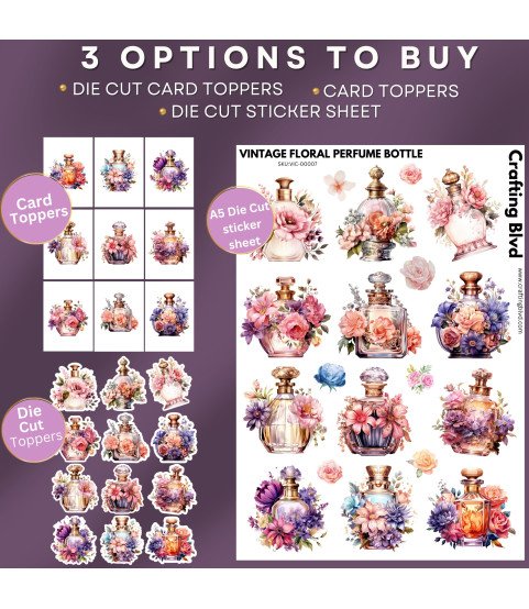 Vintage Floral Perfume Bottle #1 Stickers, Die Cut or Card Toppers
