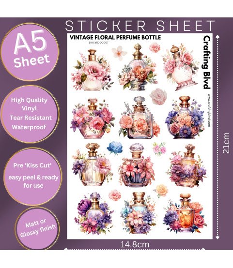 Vintage Floral Perfume Bottle #1 Stickers, Die Cut or Card Toppers