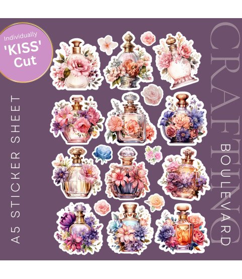 Vintage Floral Perfume Bottle #1 Stickers, Die Cut or Card Toppers