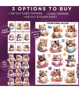 Kitten Floral Tea Cups Stickers, Die Cut or Card Toppers