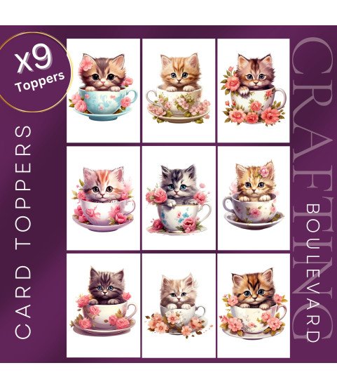 Kitten Floral Tea Cups Stickers, Die Cut or Card Toppers