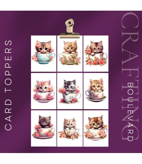Kitten Floral Tea Cups Stickers, Die Cut or Card Toppers