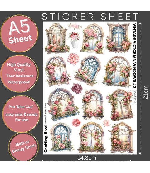 Vintage Victorian Windows #2 Stickers, Die Cut or Card Toppers