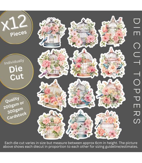 Vintage Floral Birdcages Stickers, Die Cut or Card Toppers