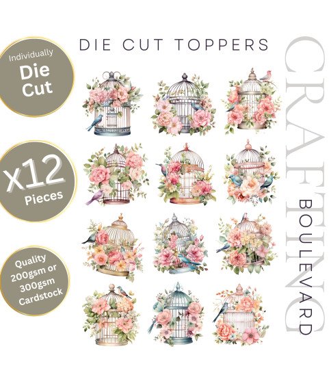 Vintage Floral Birdcages Stickers, Die Cut or Card Toppers