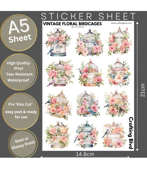 Vintage Floral Birdcages Stickers, Die Cut or Card Toppers