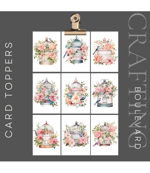 Vintage Floral Birdcages Stickers, Die Cut or Card Toppers