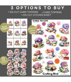 Hydrangea Floral Tea Cups Stickers, Die Cut or Card Toppers