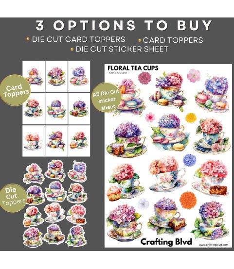 Hydrangea Floral Tea Cups Stickers, Die Cut or Card Toppers