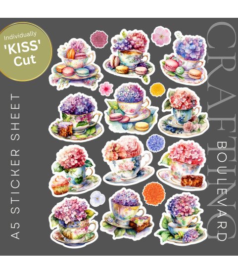 Hydrangea Floral Tea Cups Stickers, Die Cut or Card Toppers