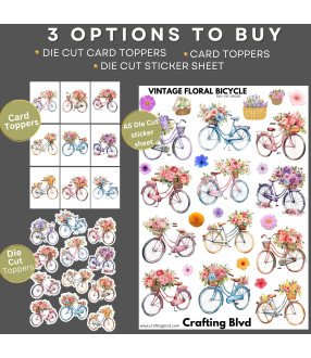 Vintage Floral Bicycle Stickers, Die Cut or Card Toppers
