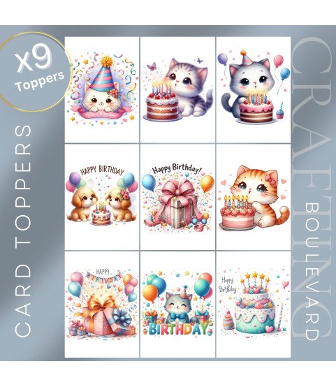 Birthday Cats Stickers or Card Toppers