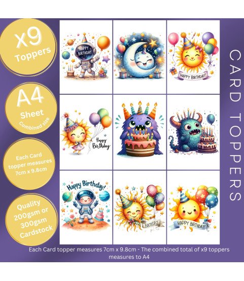 Birthday Space & Monsters Stickers or Card Toppers