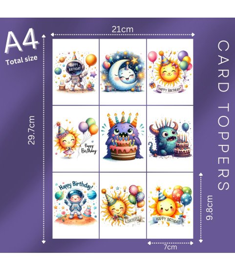 Birthday Space & Monsters Stickers or Card Toppers