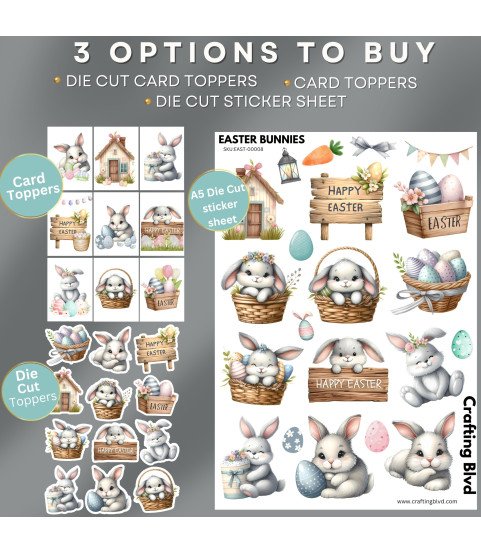 Cute Easter Bunnies & Egg Baskets Stickers, Die Cut or Card Toppers