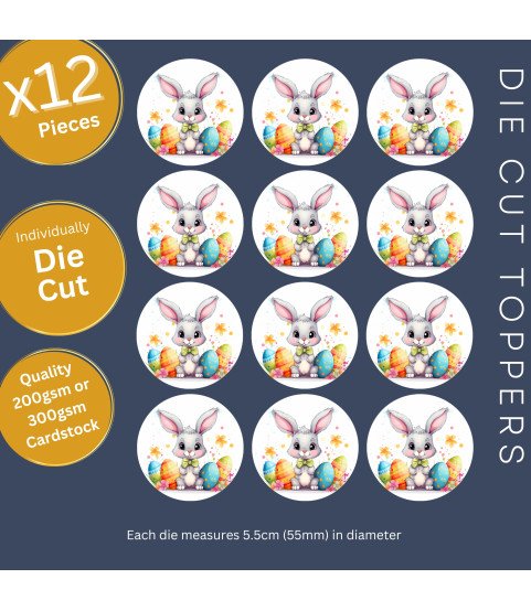 Cute Easter Bunny & Colourful Eggs Stickers, Die Cut or Card Toppers