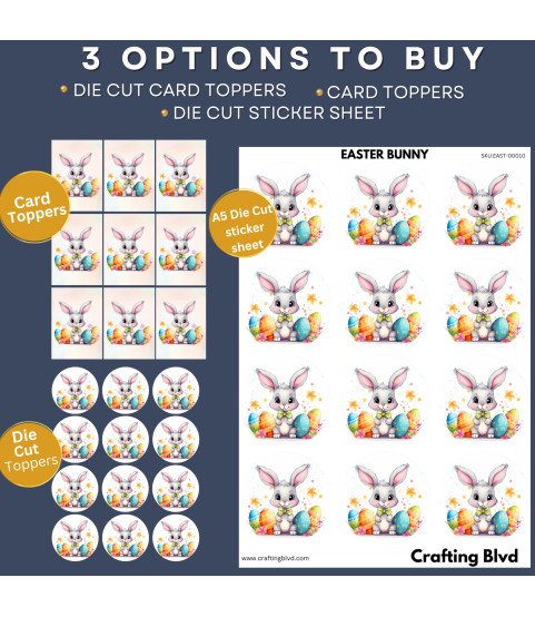 Cute Easter Bunny & Colourful Eggs Stickers, Die Cut or Card Toppers